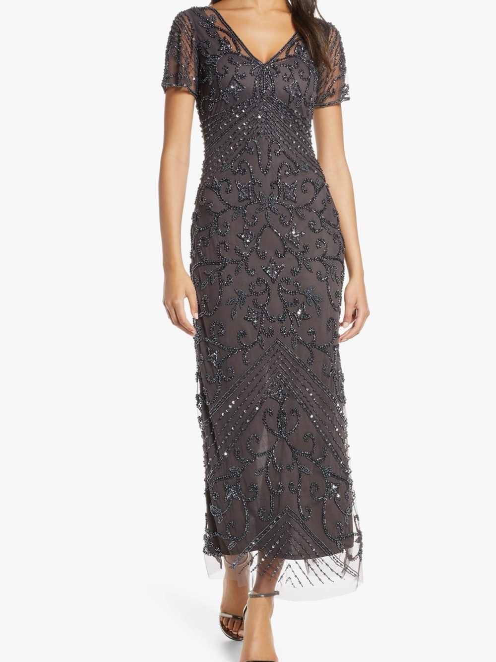 Pisarro Nights Mom Of Bride Gray  12P Wedding Guest Totally Made Beaded Dress